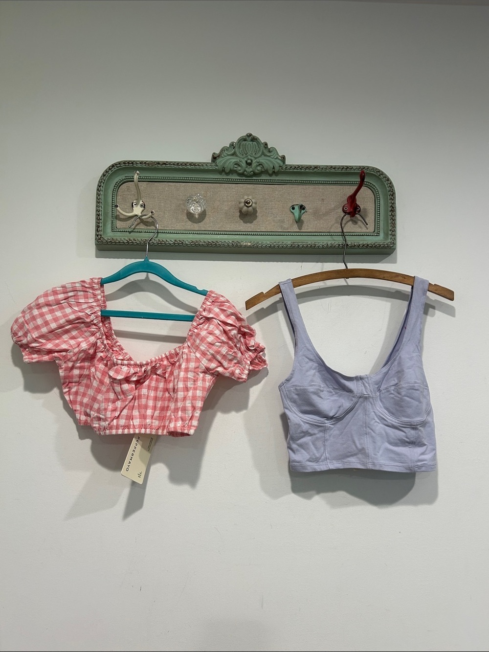 New Garage pastel Lavender Ribbed Crop Tank & Pink Gingham Puff Sleeve Crop Top